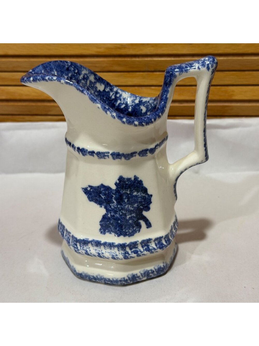 Vintage Hudsonware Studio Art Pottery Blue Sponge Painted Maple Leaf 5" Creamer
